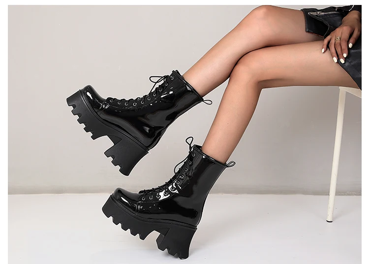 2021 New Bright Patent Leather Street Fashion Style Boots With Cross Straps Super Thick And High Rose Red Mid-Calf Boots