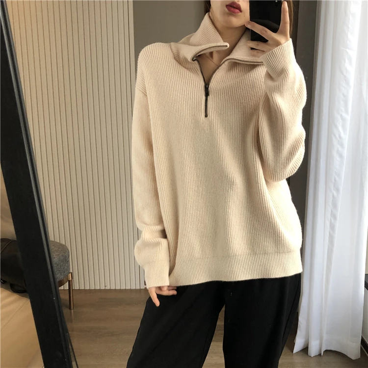 European goods autumn and winter add thick turtleneck sweater female loose outside wear pure color wool knitting bottom recreati