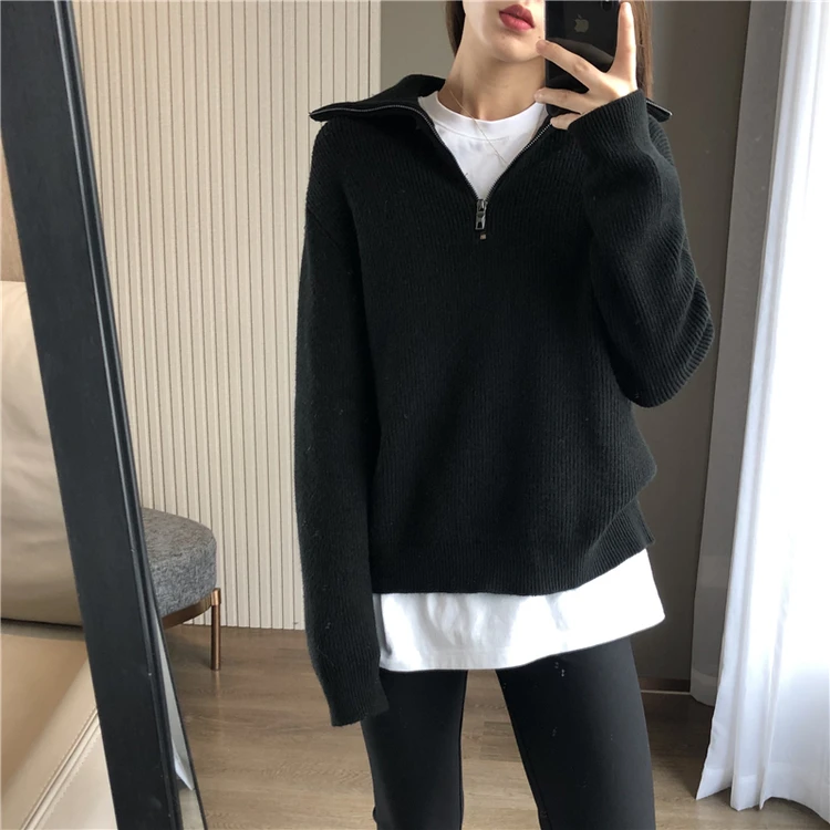 European goods autumn and winter add thick turtleneck sweater female loose outside wear pure color wool knitting bottom recreati
