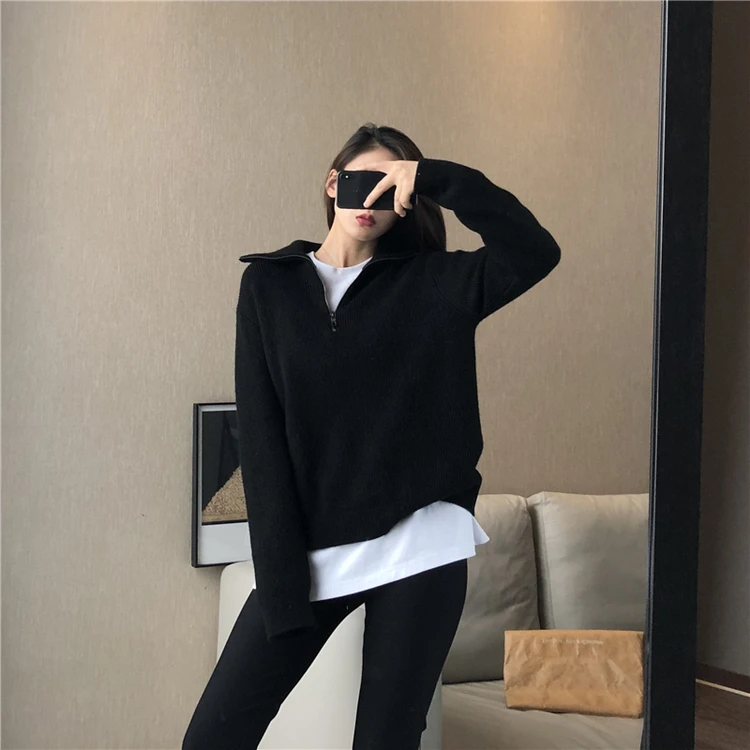 European goods autumn and winter add thick turtleneck sweater female loose outside wear pure color wool knitting bottom recreati