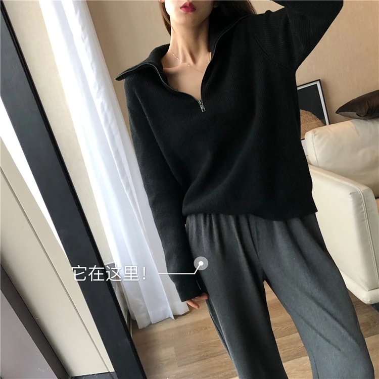 European goods autumn and winter add thick turtleneck sweater female loose outside wear pure color wool knitting bottom recreati