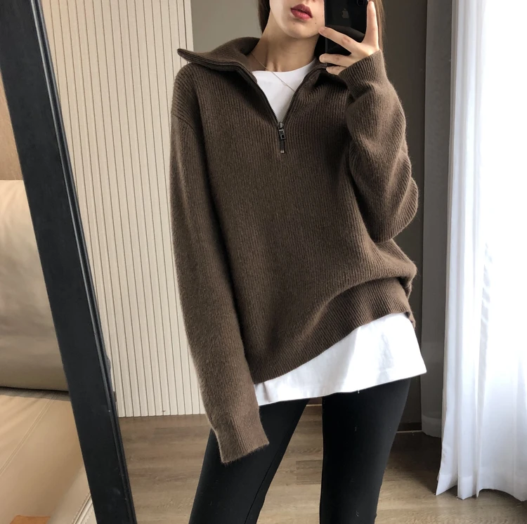European goods autumn and winter add thick turtleneck sweater female loose outside wear pure color wool knitting bottom recreati