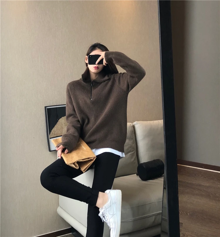 European goods autumn and winter add thick turtleneck sweater female loose outside wear pure color wool knitting bottom recreati