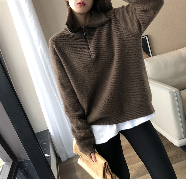 European goods autumn and winter add thick turtleneck sweater female loose outside wear pure color wool knitting bottom recreati