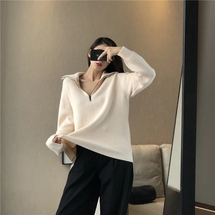 European goods autumn and winter add thick turtleneck sweater female loose outside wear pure color wool knitting bottom recreati