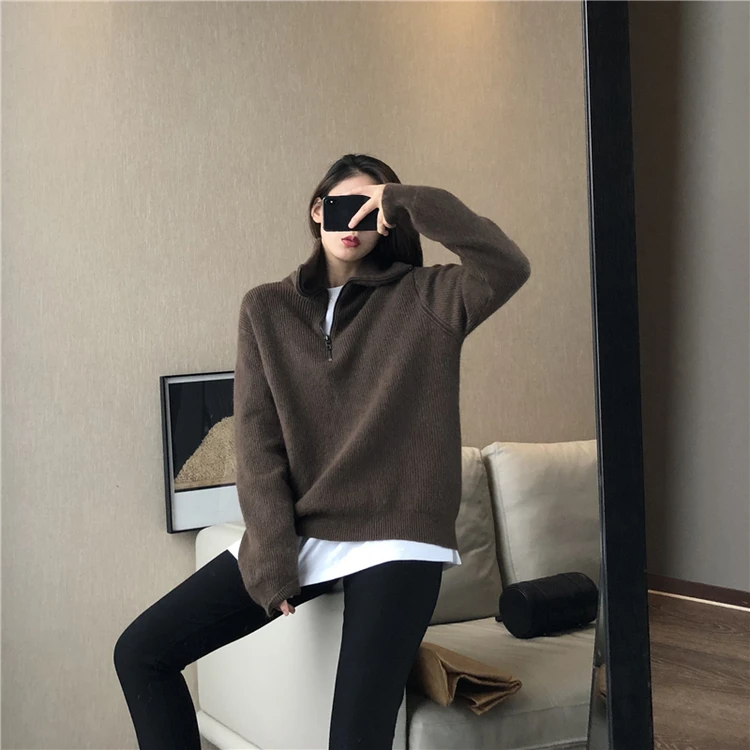 European goods autumn and winter add thick turtleneck sweater female loose outside wear pure color wool knitting bottom recreati