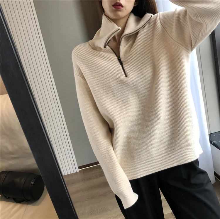 European goods autumn and winter add thick turtleneck sweater female loose outside wear pure color wool knitting bottom recreati