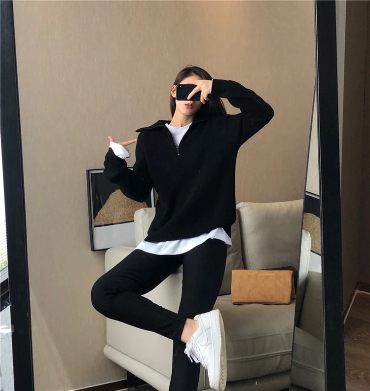 European goods autumn and winter add thick turtleneck sweater female loose outside wear pure color wool knitting bottom recreati