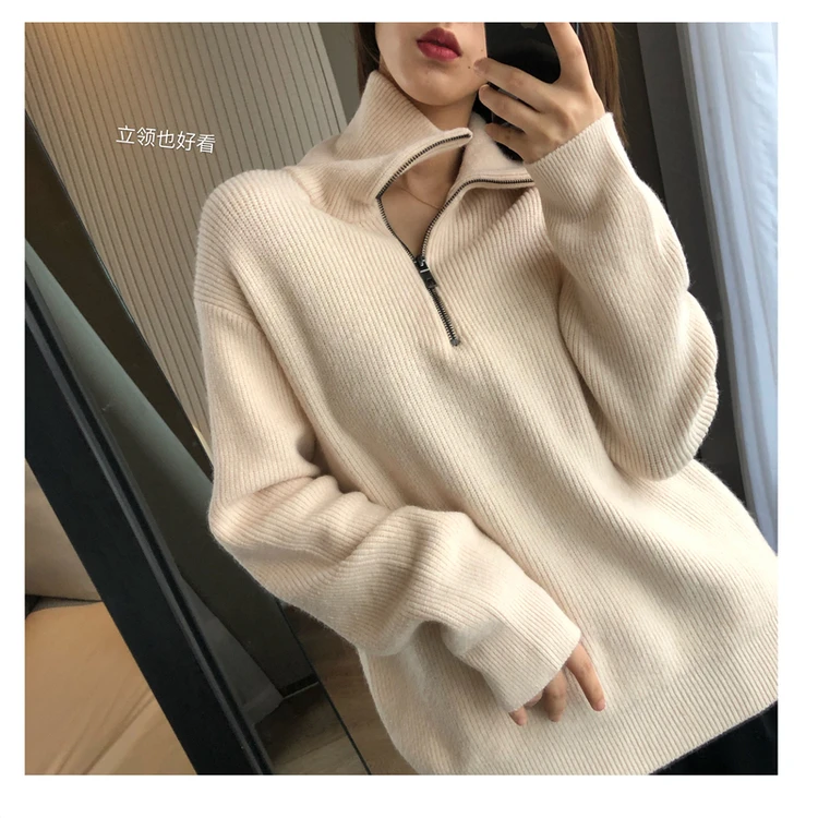 European goods autumn and winter add thick turtleneck sweater female loose outside wear pure color wool knitting bottom recreati