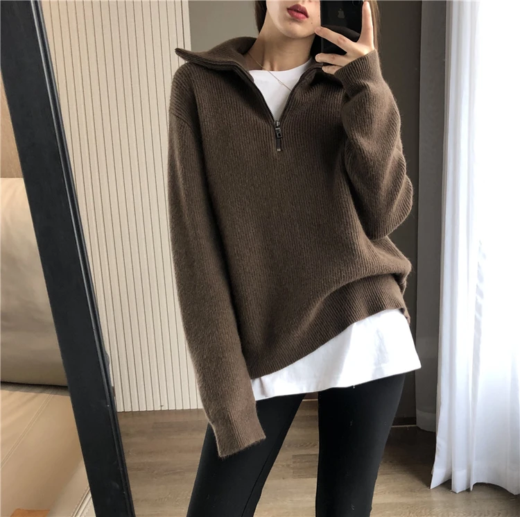 European goods autumn and winter add thick turtleneck sweater female loose outside wear pure color wool knitting bottom recreati
