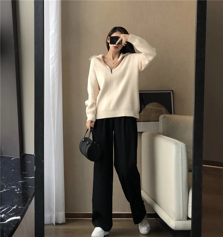 European goods autumn and winter add thick turtleneck sweater female loose outside wear pure color wool knitting bottom recreati