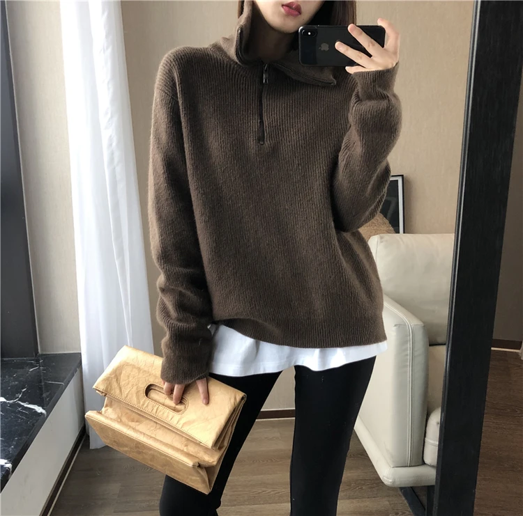 European goods autumn and winter add thick turtleneck sweater female loose outside wear pure color wool knitting bottom recreati