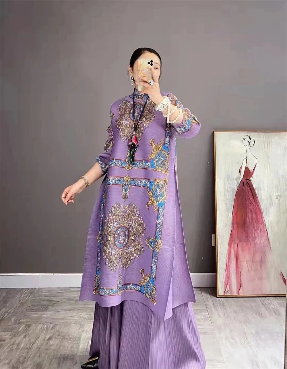 Women's High Neck Pleated Dress, Loose Printing Dress, 2 Piece Sets, Vintage Aesthetic, Lndie Cloth Stock, Autumn, Winter, New,