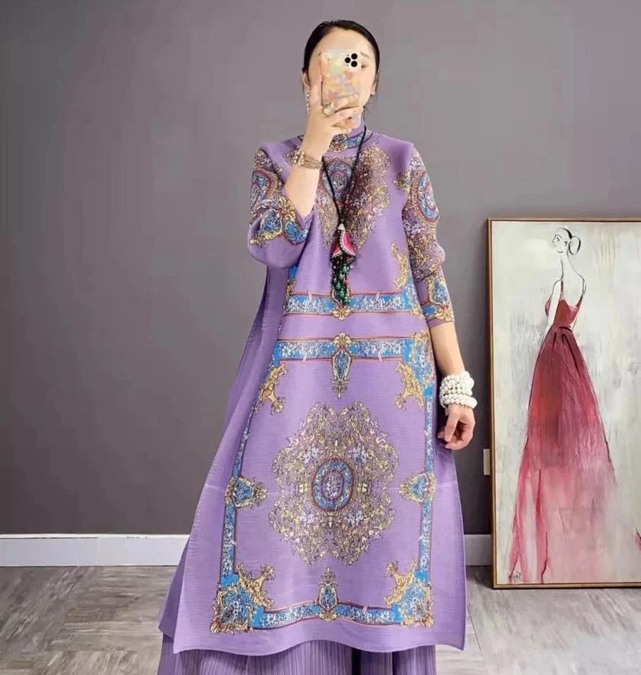 Women's High Neck Pleated Dress, Loose Printing Dress, 2 Piece Sets, Vintage Aesthetic, Lndie Cloth Stock, Autumn, Winter, New,