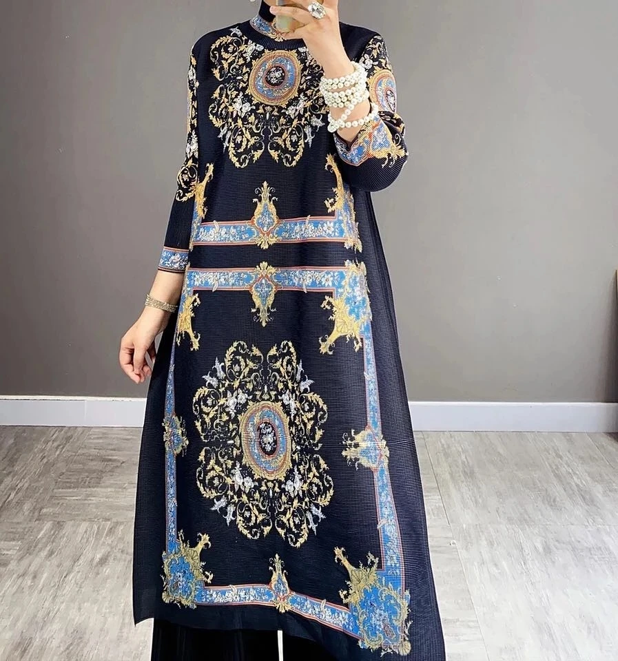 Women's High Neck Pleated Dress, Loose Printing Dress, 2 Piece Sets, Vintage Aesthetic, Lndie Cloth Stock, Autumn, Winter, New,