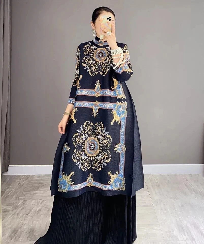 Women's High Neck Pleated Dress, Loose Printing Dress, 2 Piece Sets, Vintage Aesthetic, Lndie Cloth Stock, Autumn, Winter, New,