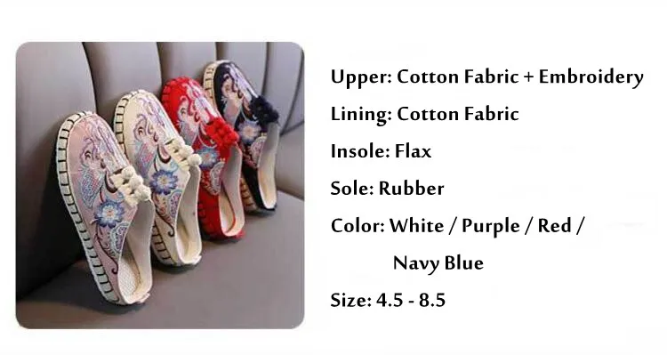 Flat Heeled Embroidered Casual Slippers for Women Cotton Fabric Ethnic Slides Ladies Closed Toe Retro Mules Outdoor Summer Shoes