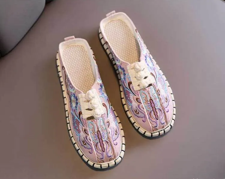 Flat Heeled Embroidered Casual Slippers for Women Cotton Fabric Ethnic Slides Ladies Closed Toe Retro Mules Outdoor Summer Shoes