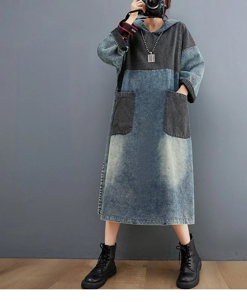 Amax luluE Autumn Womens Loose Vintage Hooded Design Denim Dresses European Style Casual Patchwork Long Vestidos Pockets Dress