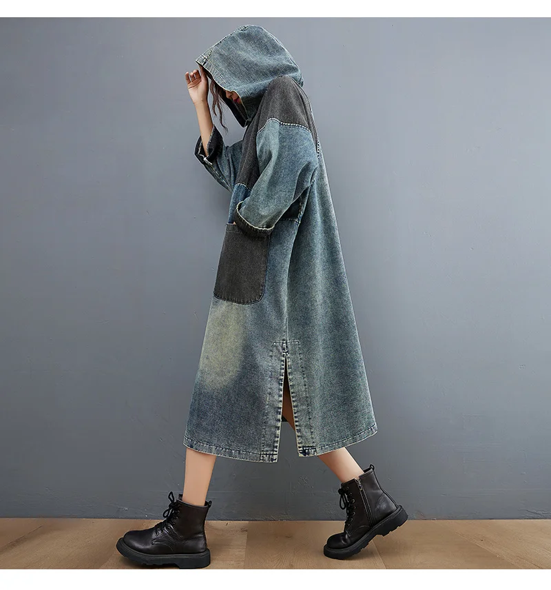 Amax luluE Autumn Womens Loose Vintage Hooded Design Denim Dresses European Style Casual Patchwork Long Vestidos Pockets Dress
