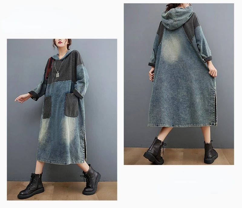 Amax luluE Autumn Womens Loose Vintage Hooded Design Denim Dresses European Style Casual Patchwork Long Vestidos Pockets Dress