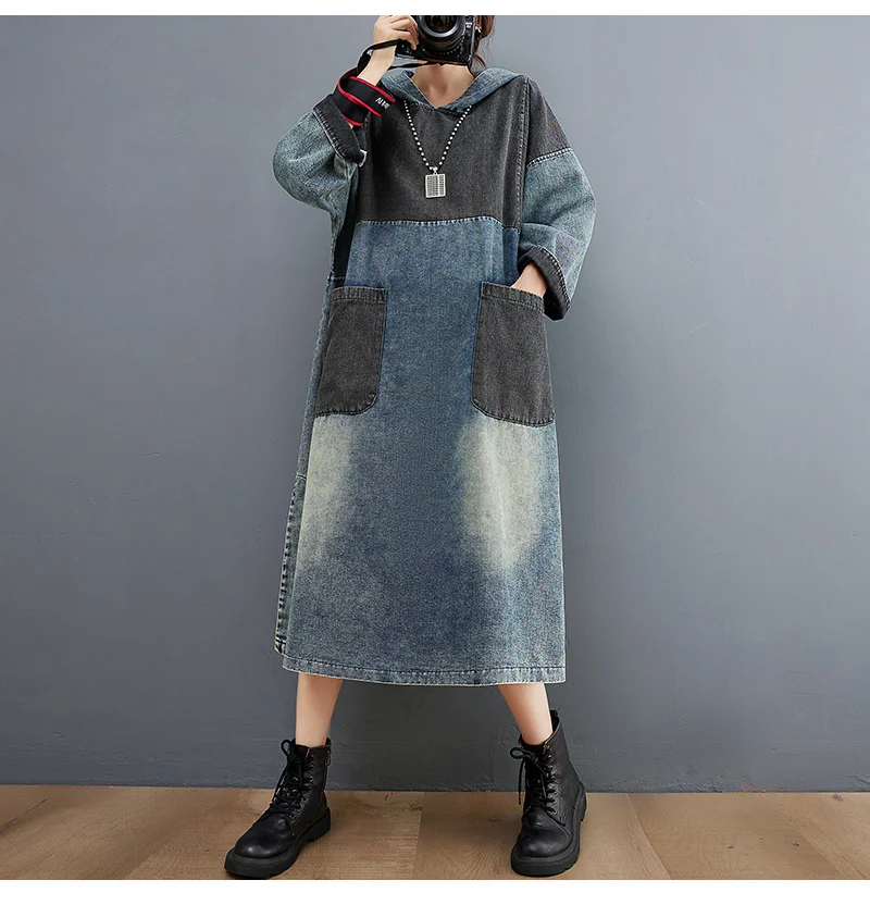 Amax luluE Autumn Womens Loose Vintage Hooded Design Denim Dresses European Style Casual Patchwork Long Vestidos Pockets Dress