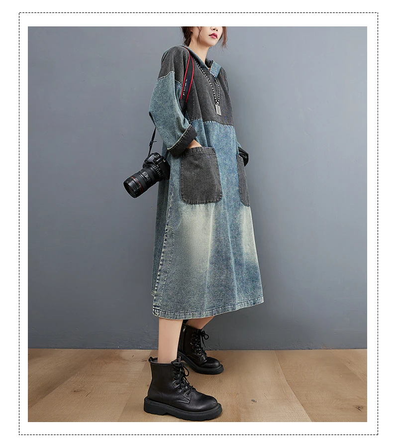 Amax luluE Autumn Womens Loose Vintage Hooded Design Denim Dresses European Style Casual Patchwork Long Vestidos Pockets Dress