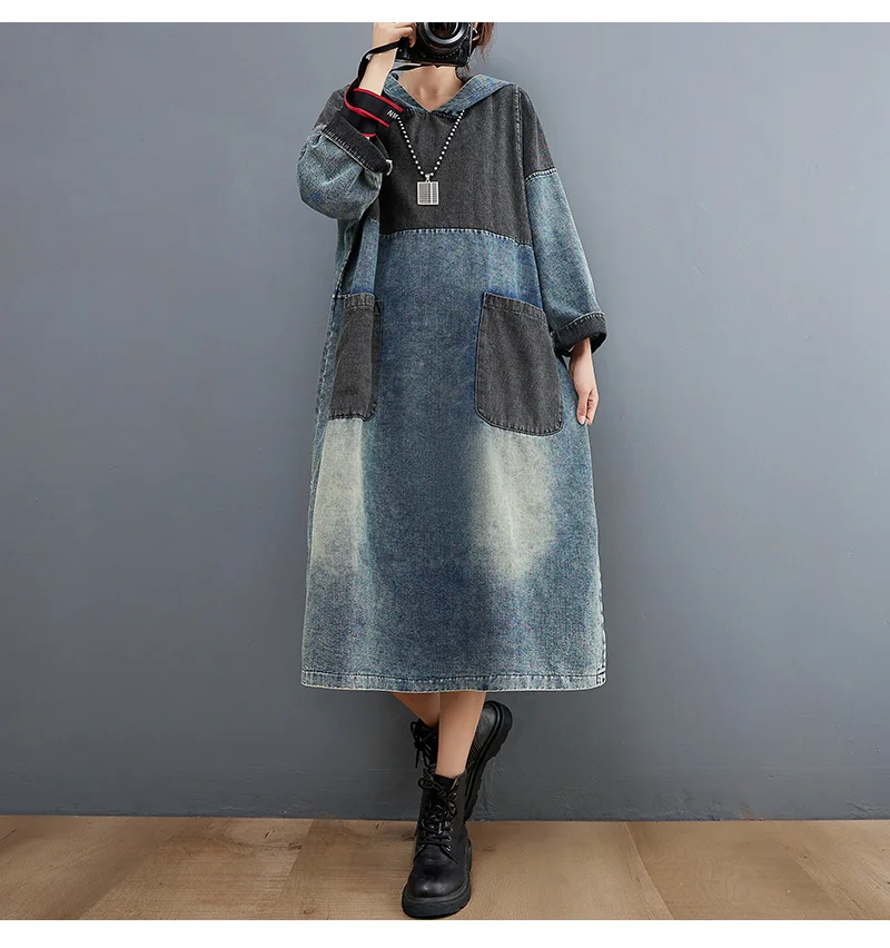 Amax luluE Autumn Womens Loose Vintage Hooded Design Denim Dresses European Style Casual Patchwork Long Vestidos Pockets Dress
