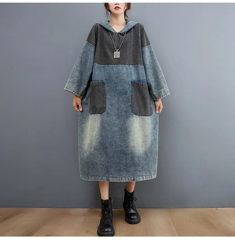 Amax luluE Autumn Womens Loose Vintage Hooded Design Denim Dresses European Style Casual Patchwork Long Vestidos Pockets Dress