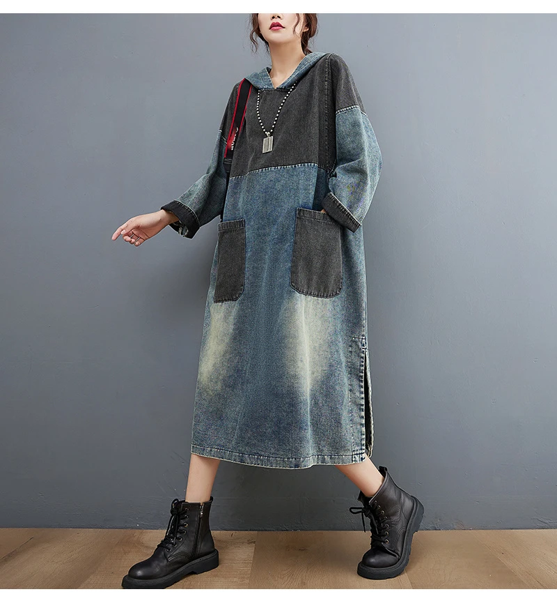 Amax luluE Autumn Womens Loose Vintage Hooded Design Denim Dresses European Style Casual Patchwork Long Vestidos Pockets Dress
