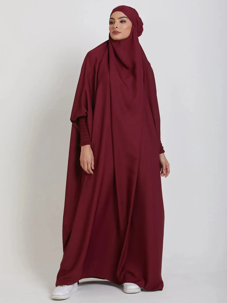 Muslim Women One Piece Prayer Abaya Dress-Velvety Satin, Smocking Sleeves. Dubai Eid Ramadan Islamic Clothing Hijabi Jilbab