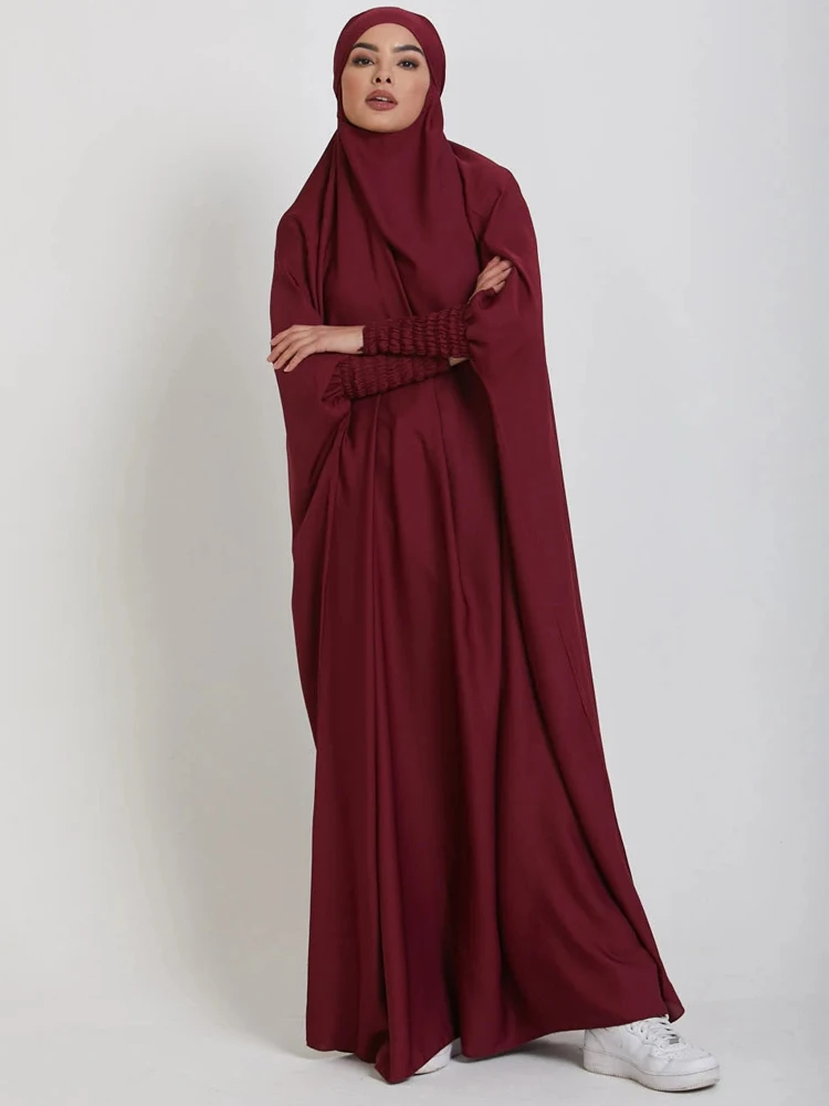 Muslim Women One Piece Prayer Abaya Dress-Velvety Satin, Smocking Sleeves. Dubai Eid Ramadan Islamic Clothing Hijabi Jilbab