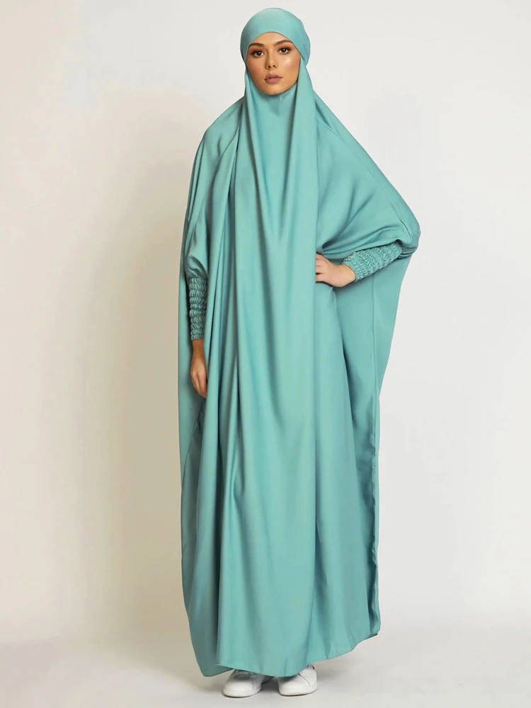 Muslim Women One Piece Prayer Abaya Dress-Velvety Satin, Smocking Sleeves. Dubai Eid Ramadan Islamic Clothing Hijabi Jilbab