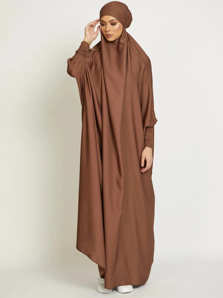 Muslim Women One Piece Prayer Abaya Dress-Velvety Satin, Smocking Sleeves. Dubai Eid Ramadan Islamic Clothing Hijabi Jilbab