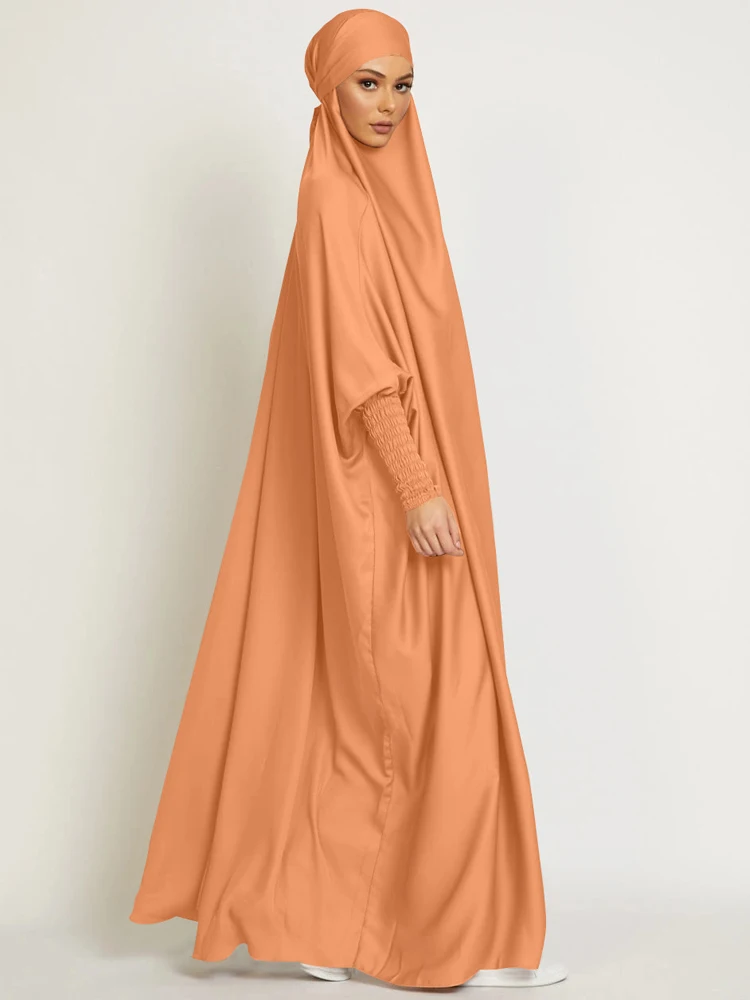 Muslim Women One Piece Prayer Abaya Dress-Velvety Satin, Smocking Sleeves. Dubai Eid Ramadan Islamic Clothing Hijabi Jilbab