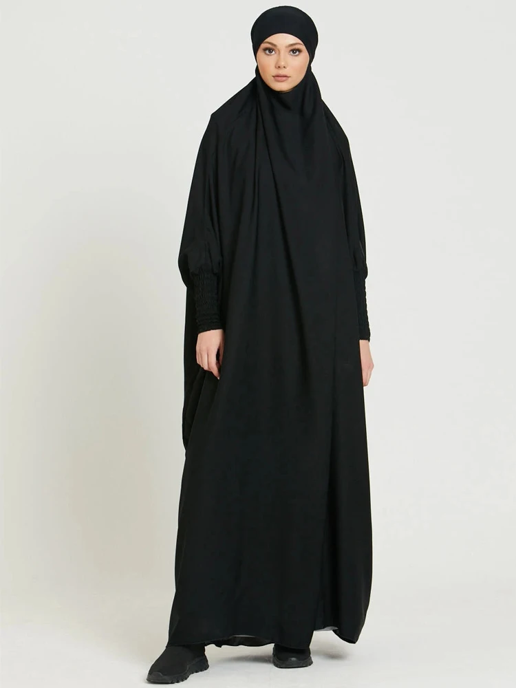 Muslim Women One Piece Prayer Abaya Dress-Velvety Satin, Smocking Sleeves. Dubai Eid Ramadan Islamic Clothing Hijabi Jilbab