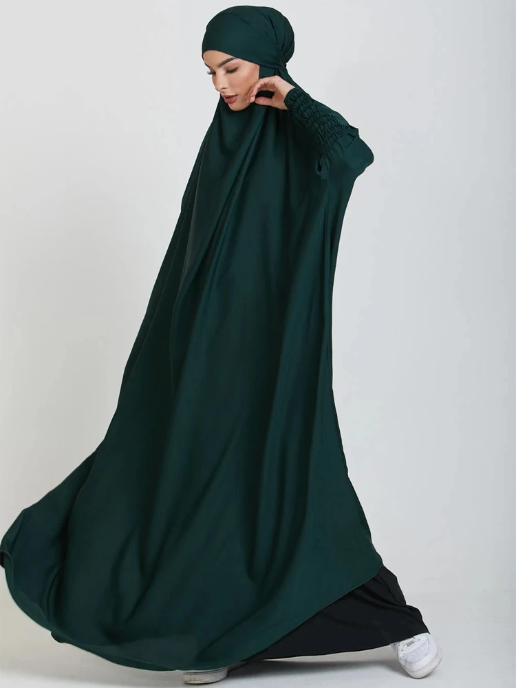 Muslim Women One Piece Prayer Abaya Dress-Velvety Satin, Smocking Sleeves. Dubai Eid Ramadan Islamic Clothing Hijabi Jilbab