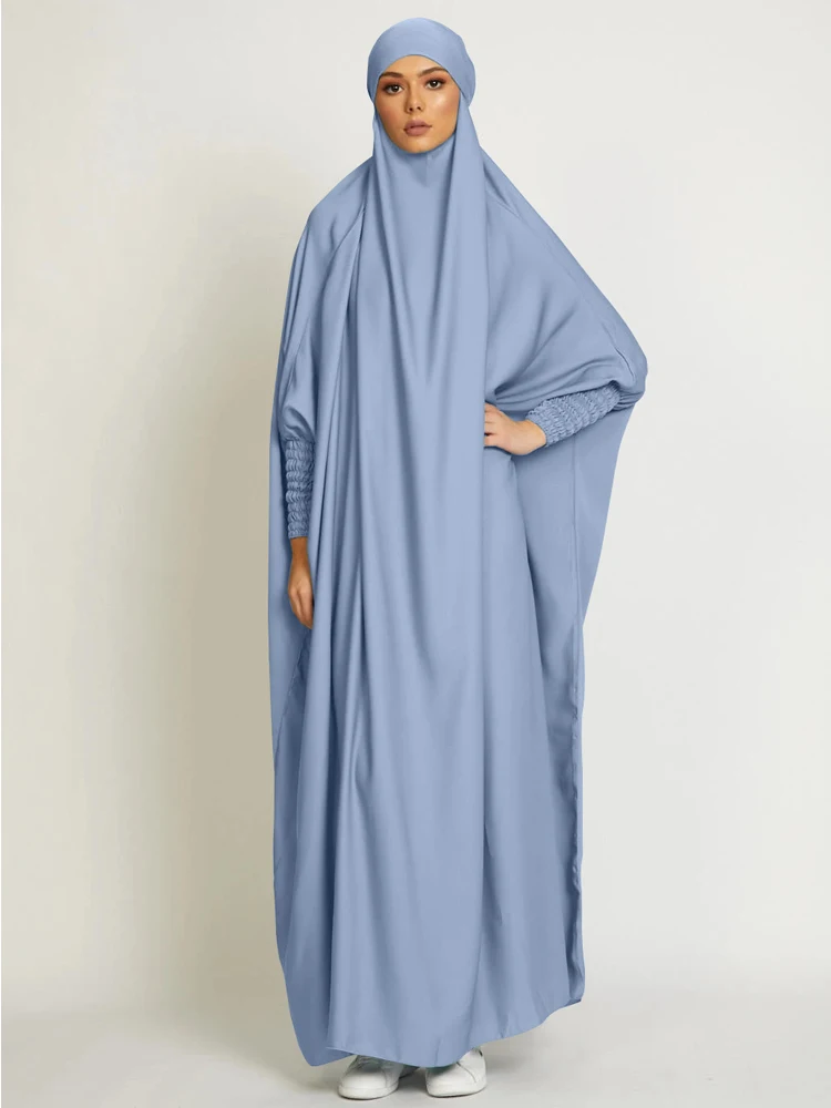 Muslim Women One Piece Prayer Abaya Dress-Velvety Satin, Smocking Sleeves. Dubai Eid Ramadan Islamic Clothing Hijabi Jilbab