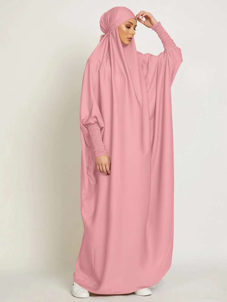Muslim Women One Piece Prayer Abaya Dress-Velvety Satin, Smocking Sleeves. Dubai Eid Ramadan Islamic Clothing Hijabi Jilbab