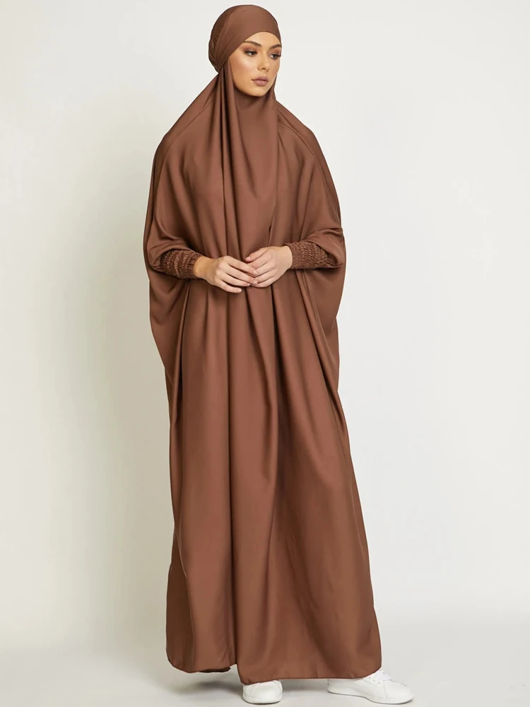 Muslim Women One Piece Prayer Abaya Dress-Velvety Satin, Smocking Sleeves. Dubai Eid Ramadan Islamic Clothing Hijabi Jilbab