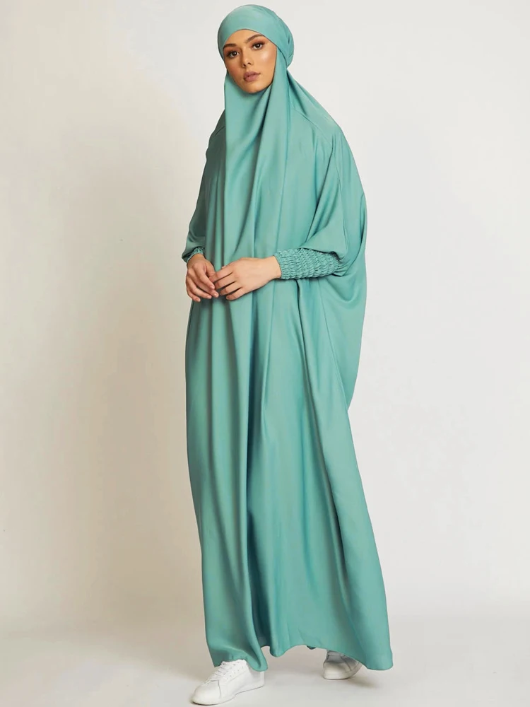 Muslim Women One Piece Prayer Abaya Dress-Velvety Satin, Smocking Sleeves. Dubai Eid Ramadan Islamic Clothing Hijabi Jilbab