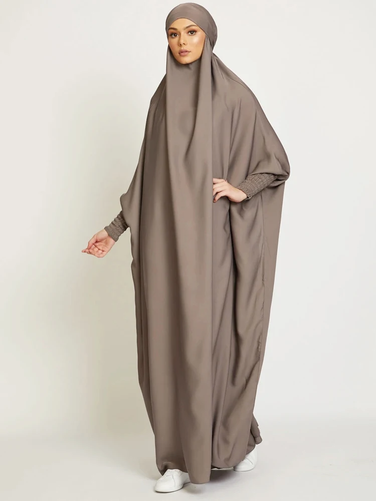 Muslim Women One Piece Prayer Abaya Dress-Velvety Satin, Smocking Sleeves. Dubai Eid Ramadan Islamic Clothing Hijabi Jilbab
