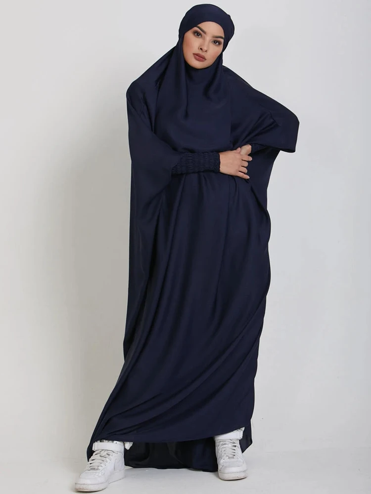 Muslim Women One Piece Prayer Abaya Dress-Velvety Satin, Smocking Sleeves. Dubai Eid Ramadan Islamic Clothing Hijabi Jilbab