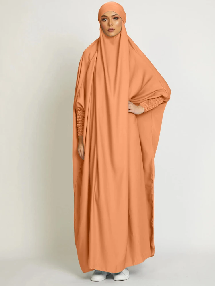 Muslim Women One Piece Prayer Abaya Dress-Velvety Satin, Smocking Sleeves. Dubai Eid Ramadan Islamic Clothing Hijabi Jilbab