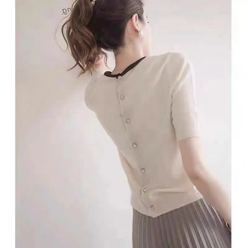 butterfly ice silk knit short sleeve cardigan women's summer style round collar cotton thread half sleeve loose T-shirt top