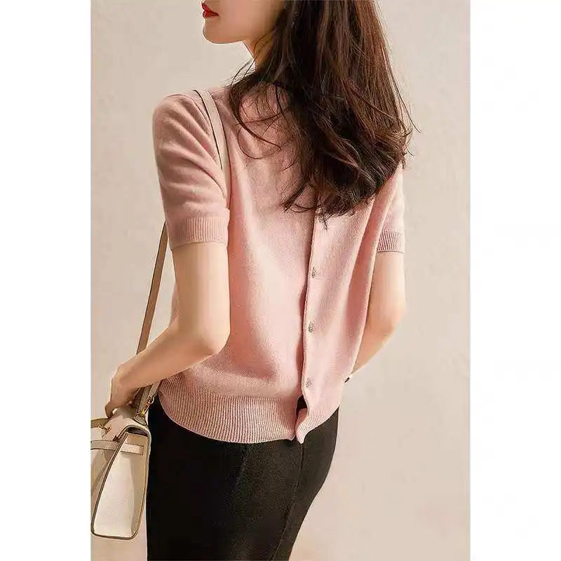 butterfly ice silk knit short sleeve cardigan women's summer style round collar cotton thread half sleeve loose T-shirt top