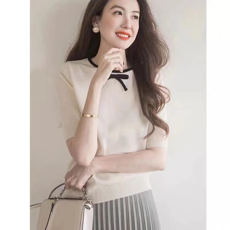 butterfly ice silk knit short sleeve cardigan women's summer style round collar cotton thread half sleeve loose T-shirt top