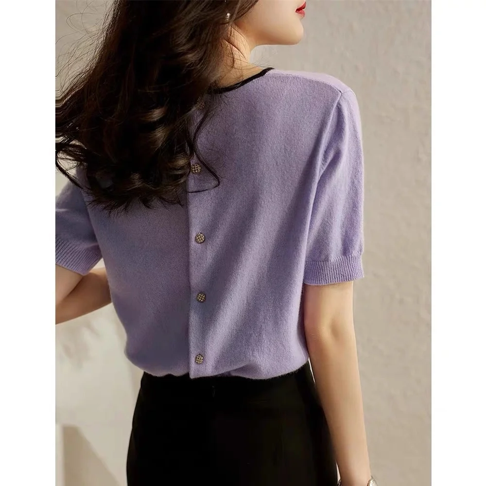 butterfly ice silk knit short sleeve cardigan women's summer style round collar cotton thread half sleeve loose T-shirt top