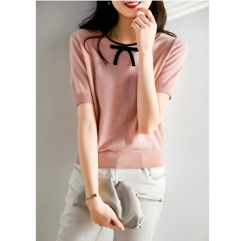 butterfly ice silk knit short sleeve cardigan women's summer style round collar cotton thread half sleeve loose T-shirt top