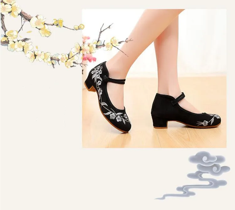 Ethnic Dance Shoes for Women Retro Embroidered Mary Jane Pumps Female Mid-Heel Round Toe Cheongsam Dress Shoe Ancient Style